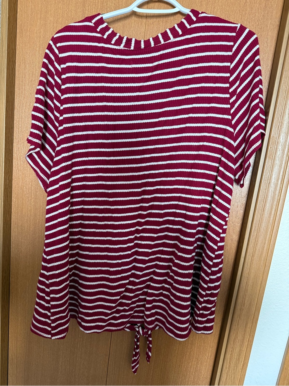 Lane Bryant Burgundy & White Striped Button-Front Tie-Hem Top - Picture 4 of 5